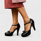 Women T Bar Heels Platform Court Shoes Occasion Party