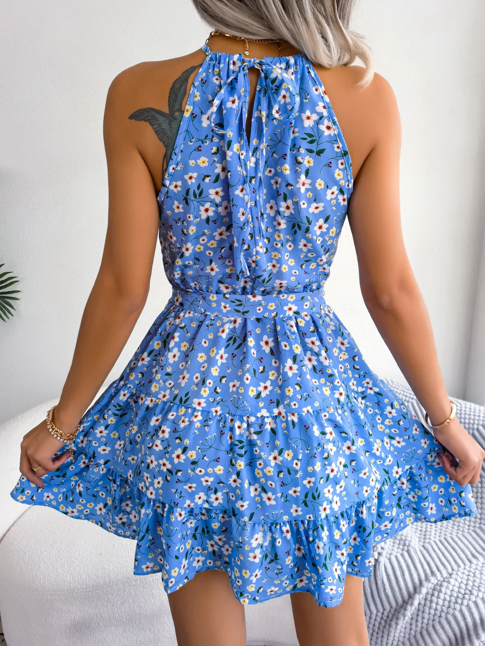 Women’s Floral Halter Neck Mini Dress Tie Waist Tiered Skirt
