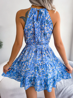 Women’s Floral Halter Neck Mini Dress Tie Waist Tiered Skirt