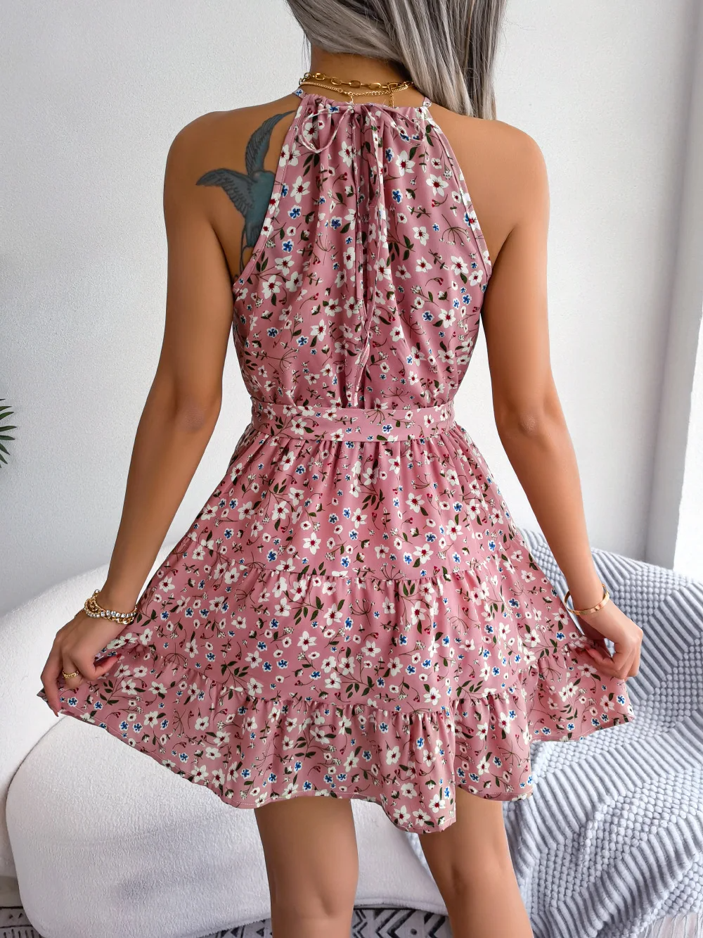Women’s Floral Halter Neck Mini Dress Tie Waist Tiered Skirt