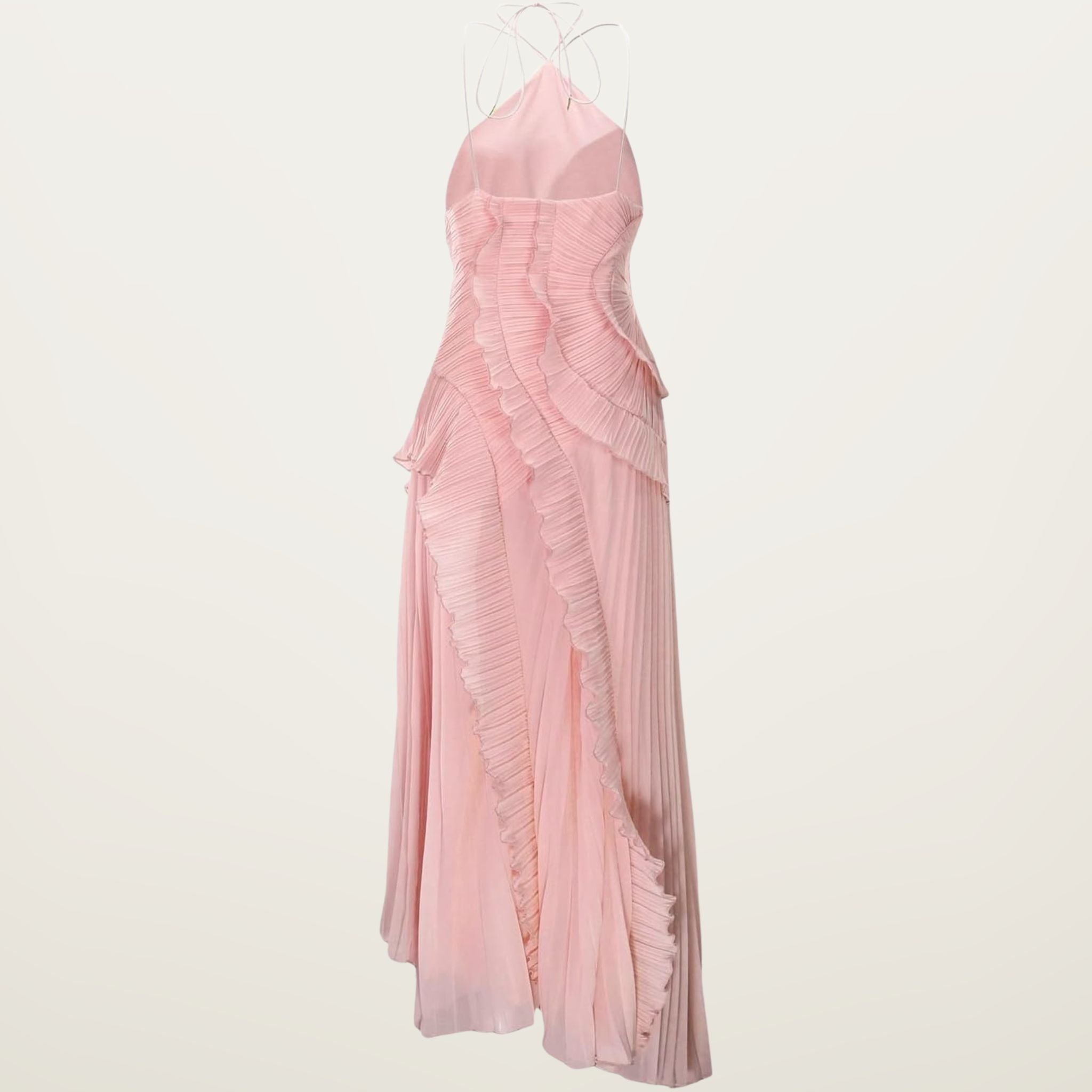 Women’s Pleated Halter Neck Maxi Dress – Ruffle High Low Evening Dress