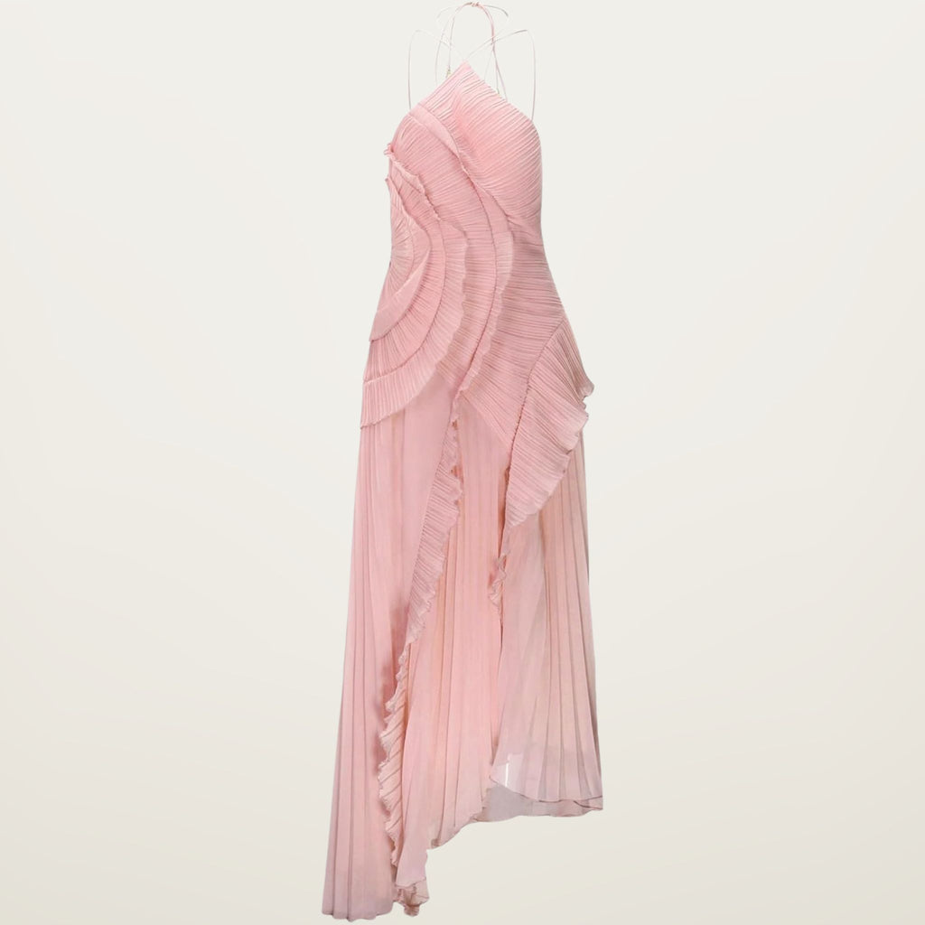 Women’s Pleated Halter Neck Maxi Dress – Ruffle High Low Evening Dress