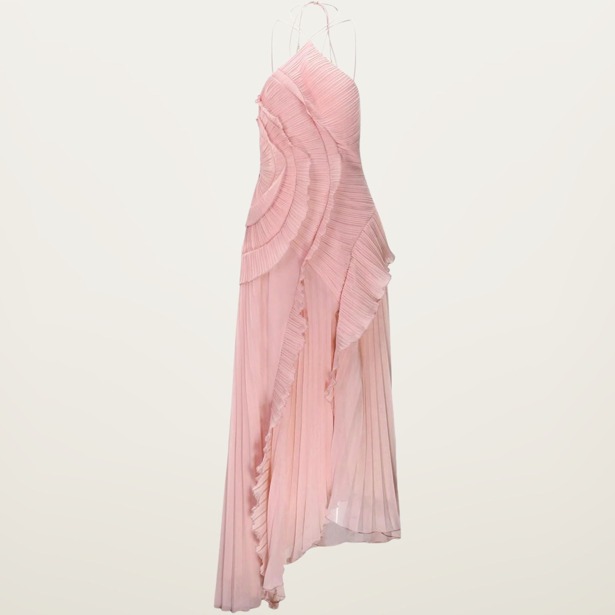 Women’s Pleated Halter Neck Maxi Dress – Ruffle High Low Evening Dress