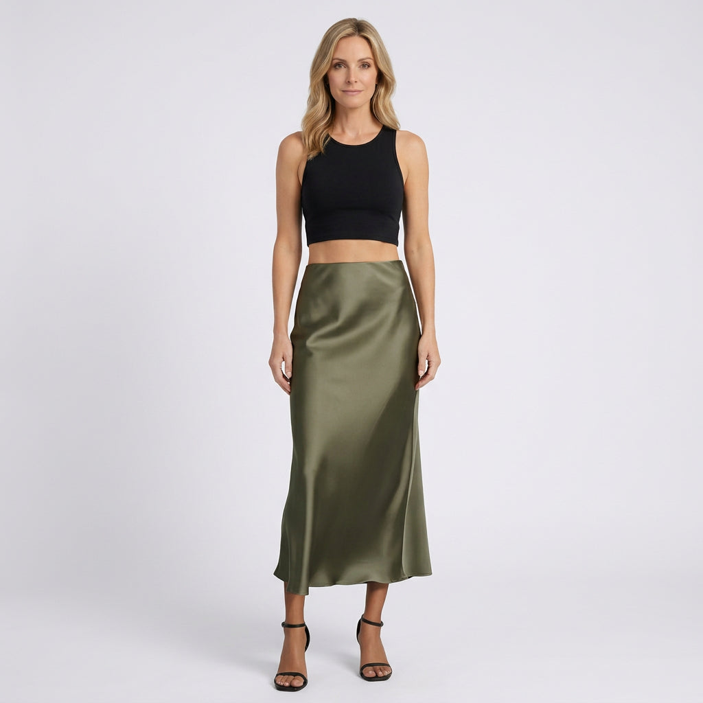 Women Satin Midi Skirt High Waist Casual Occasion Everyday