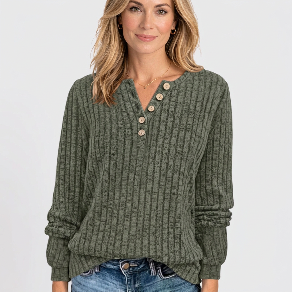 Women’s Ribbed Knit Top Button Neck Long Sleeve