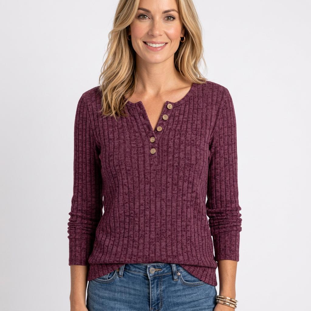 Women’s Ribbed Knit Top Button Neck Long Sleeve
