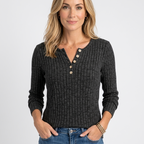 Women’s Ribbed Knit Top Button Neck Long Sleeve