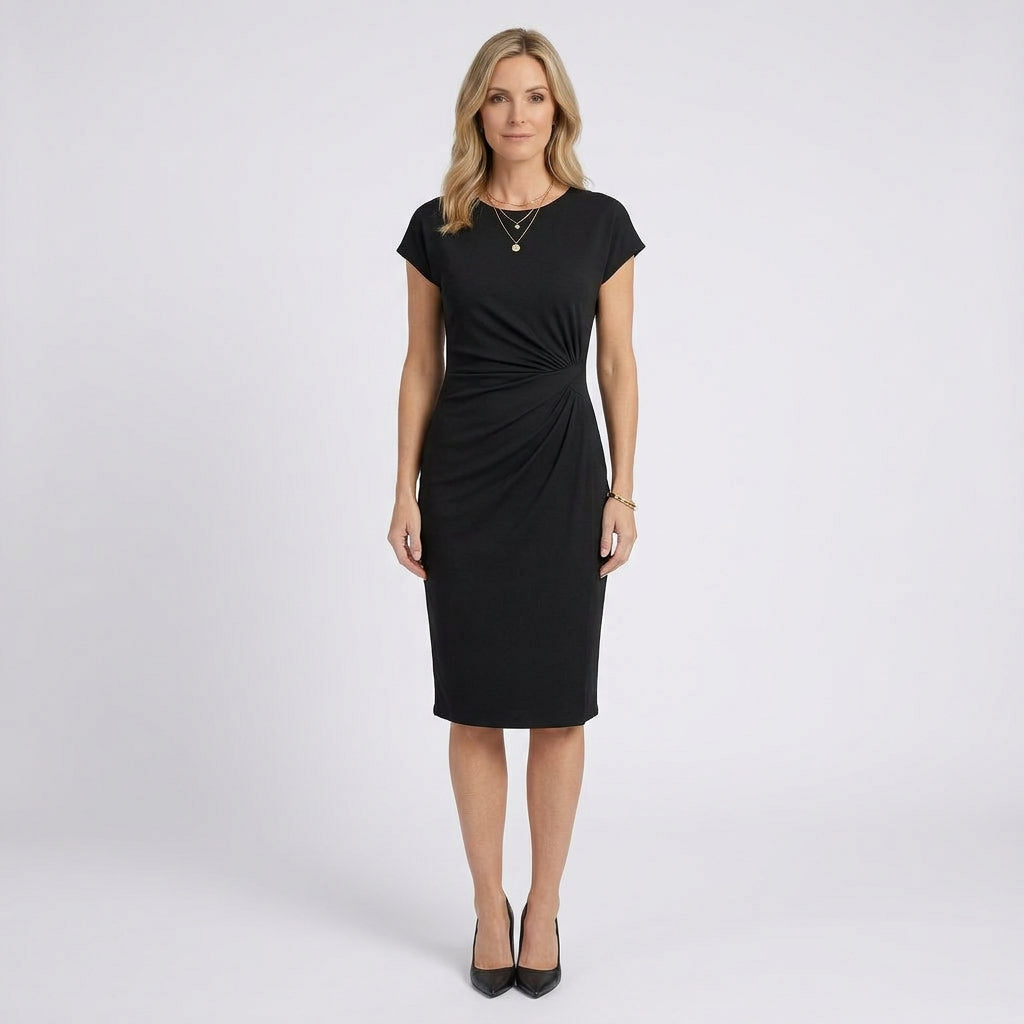 Women Midi Dress Short Sleeve Ruched Waist Casual Workwear