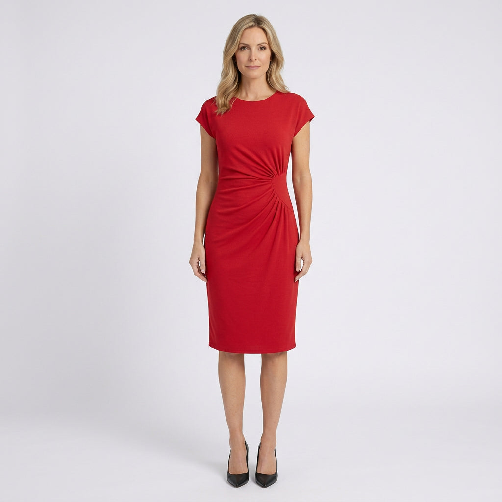 Women Midi Dress Short Sleeve Ruched Waist Casual Workwear