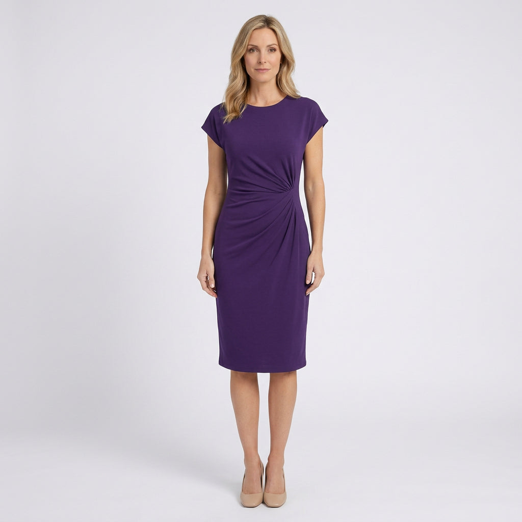 Women Midi Dress Short Sleeve Ruched Waist Casual Workwear