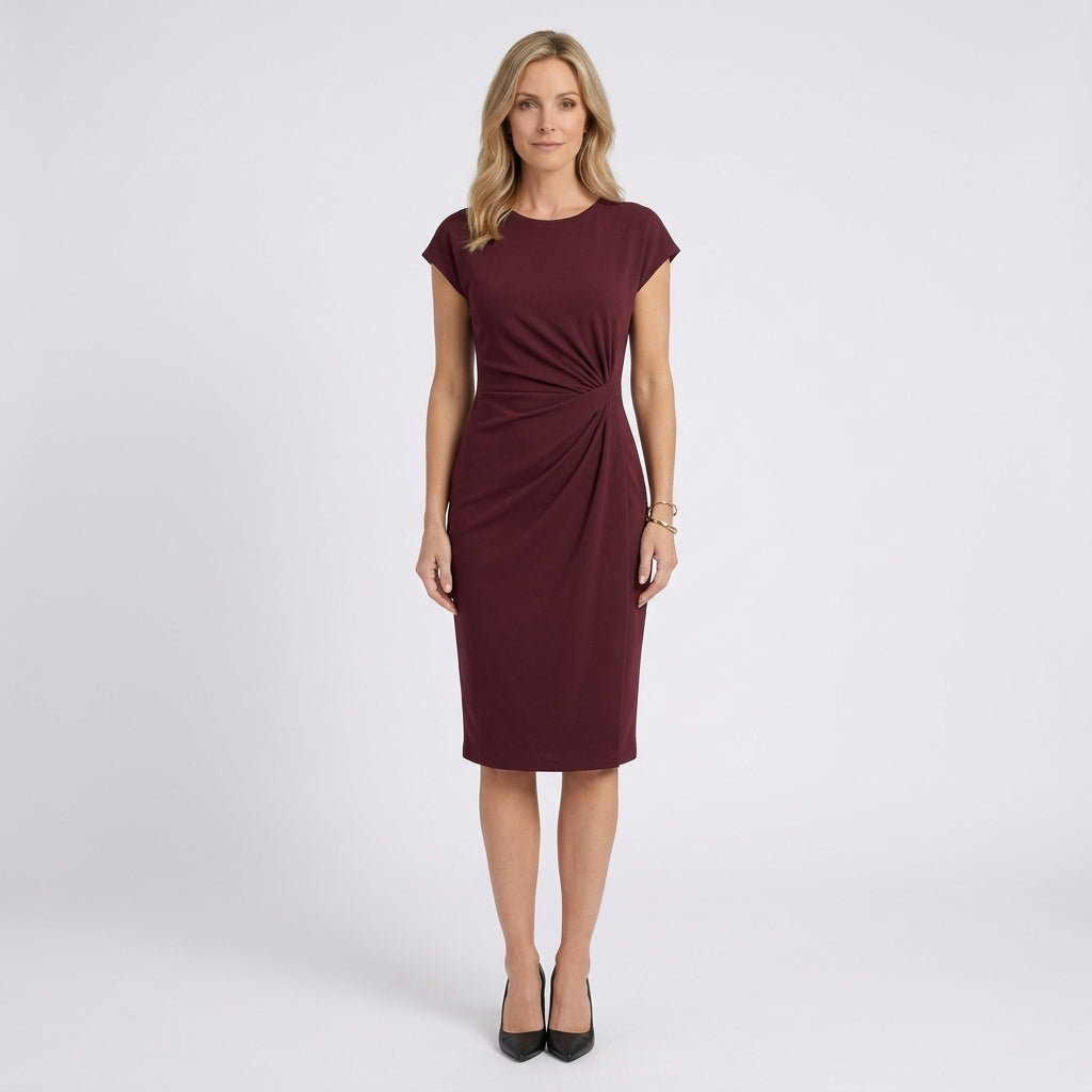 Women Midi Dress Short Sleeve Ruched Waist Casual Workwear