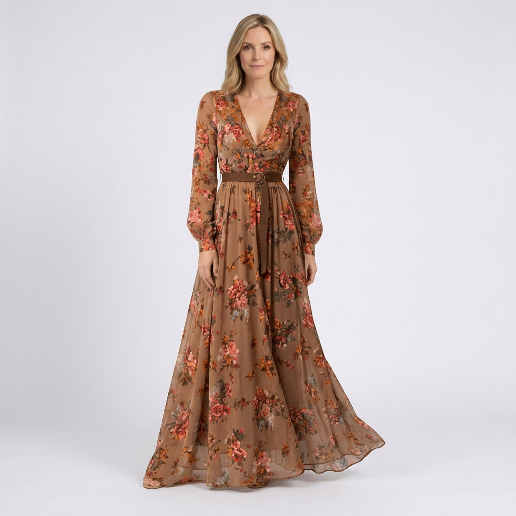 Women Maxi Dress Long Sleeve V Neck Embroidered Casual Occasion