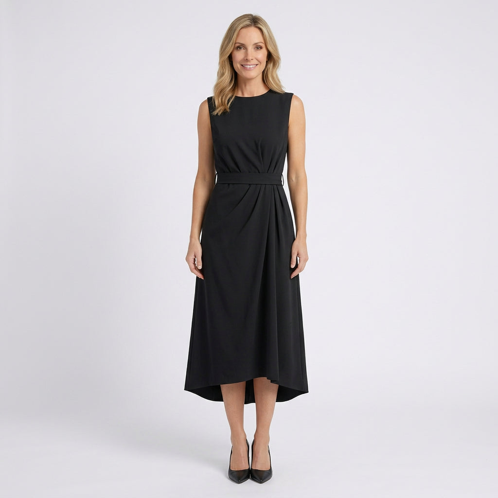 Women Midi Dress Sleeveless Draped Waist Occasion Workwear