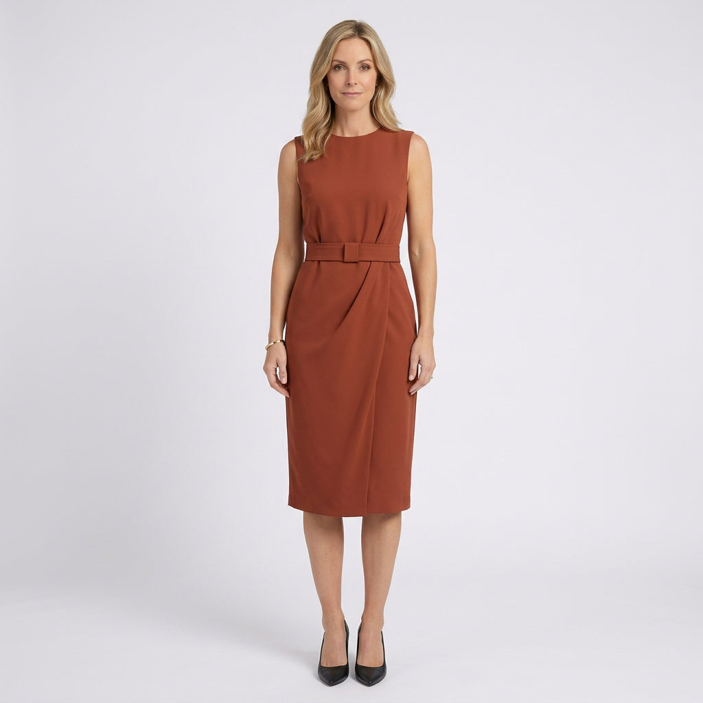 Women Midi Dress Sleeveless Draped Waist Occasion Workwear