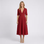 Women V Neck Midi Fit and Flare Dress - Elbow Sleeve Occasion Dress