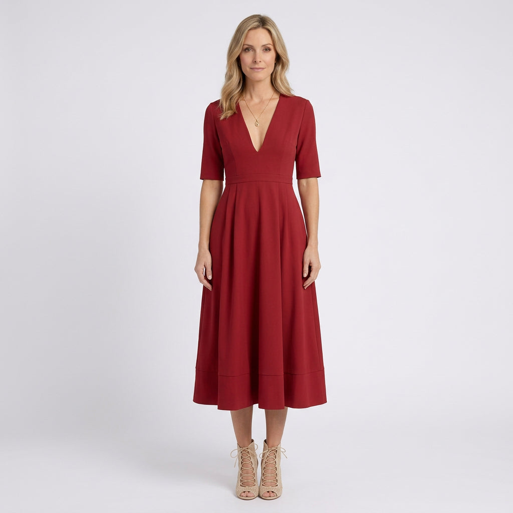 Women V Neck Midi Fit and Flare Dress - Elbow Sleeve Occasion Dress