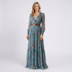 Women Maxi Dress Long Sleeve V Neck Embroidered Casual Occasion