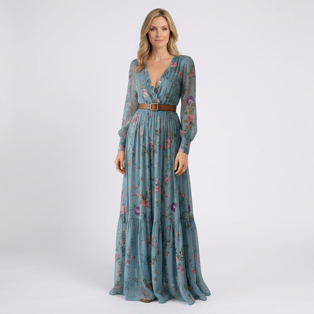 Women Maxi Dress Long Sleeve V Neck Embroidered Casual Occasion