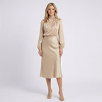 Women Satin Midi Dress Long Sleeve High Neck Formal Occasion