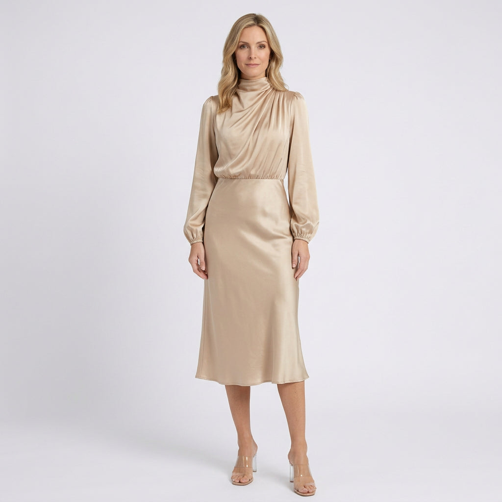 Women Satin Midi Dress Long Sleeve High Neck Formal Occasion