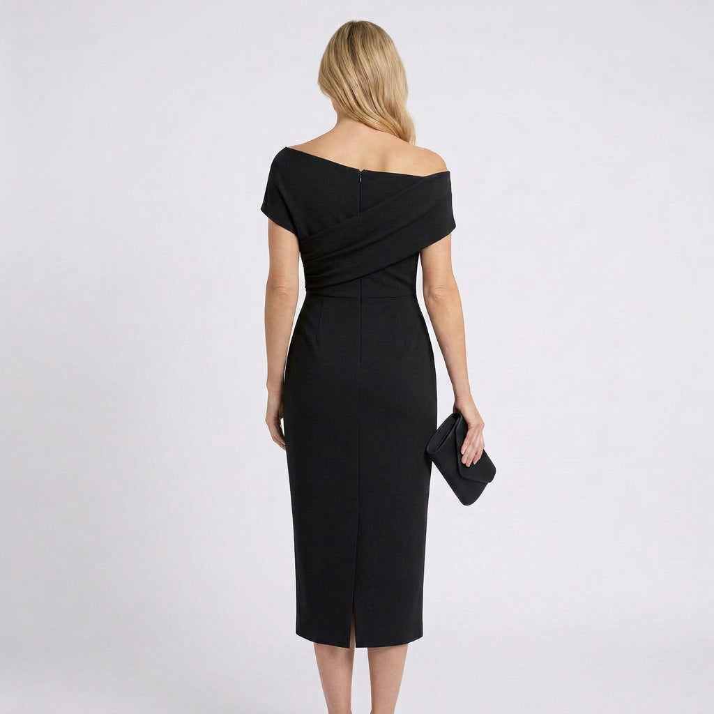 Women Off Shoulder Midi Dress Ruched Waist Formal Occasion