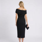 Women Off Shoulder Midi Dress Ruched Waist Formal Occasion