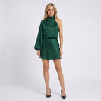 Women One Shoulder Satin Mini Dress - Asymmetric Occasion Dress