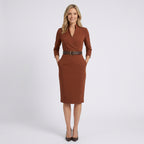 Women Belted Long Sleeve Midi Dress - Tailored Formal Office Dress