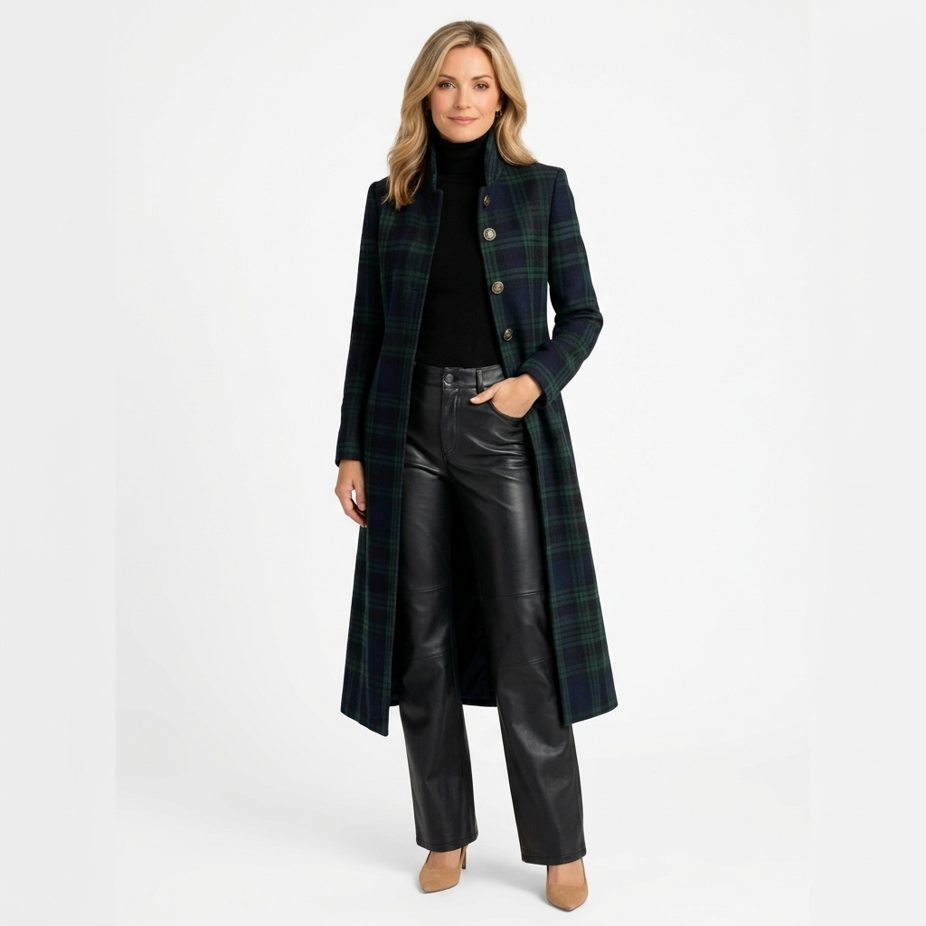 Women’s Long Check Coat – Tailored Button Front Overcoat