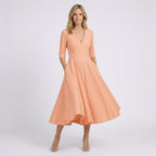 Women V Neck Midi Fit and Flare Dress - Elbow Sleeve Occasion Dress