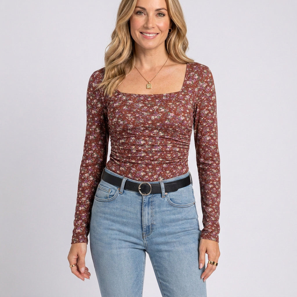 Women’s Floral Square Neck Long Sleeve Top
