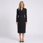 Women Belted Long Sleeve Midi Dress - Tailored Formal Office Dress