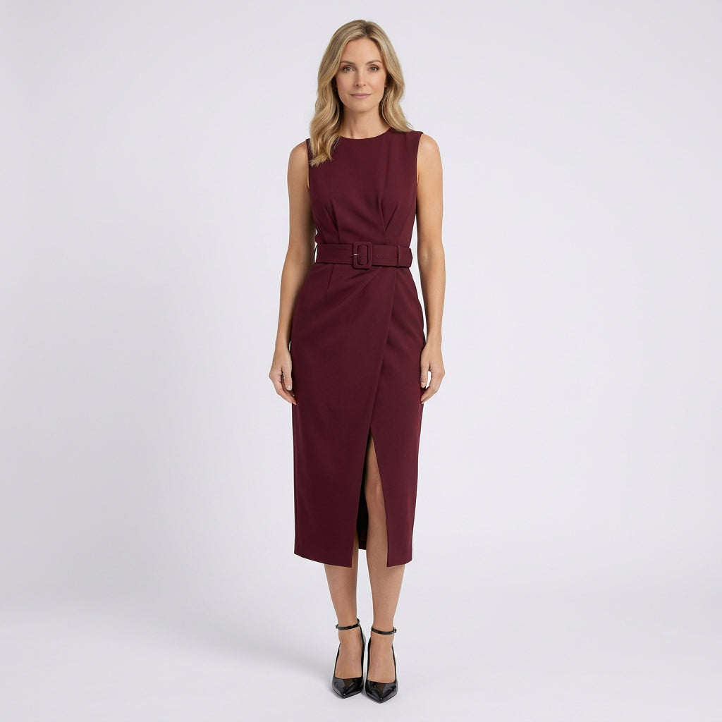 Women Midi Dress Sleeveless Draped Waist Occasion Workwear