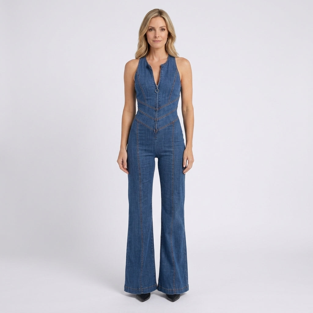 Women Denim Jumpsuit Sleeveless Zip Front Flared Leg - Casual One Piece
