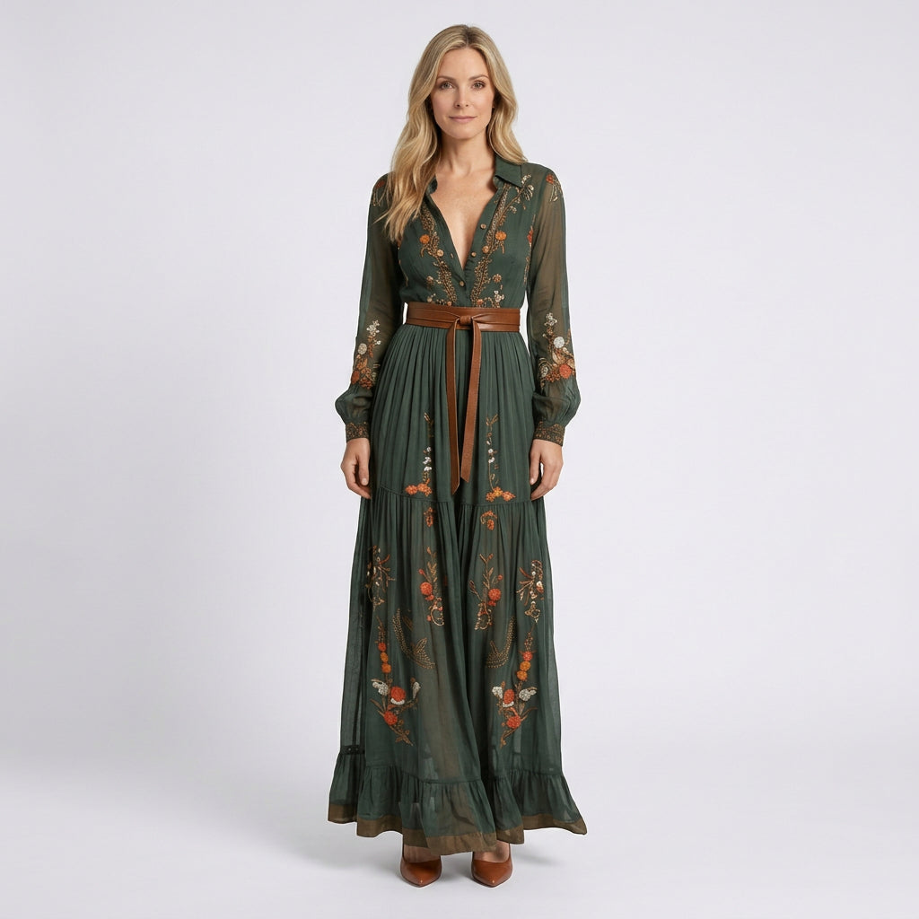 Women Maxi Dress Long Sleeve V Neck Embroidered Casual Occasion