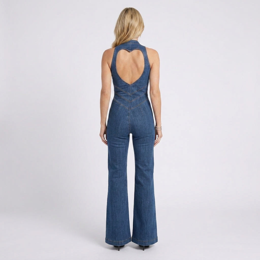 Women Denim Jumpsuit Sleeveless Zip Front Flared Leg - Casual One Piece
