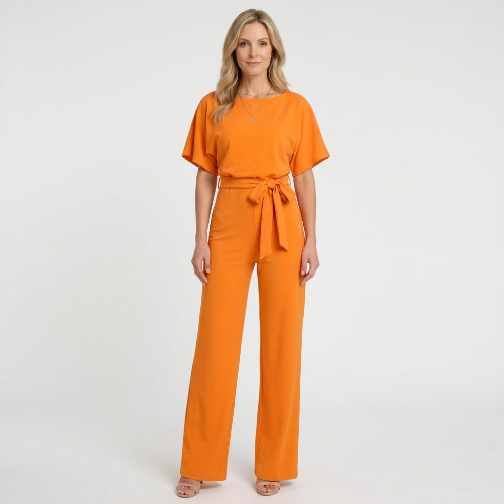 Women’s Tie Waist Wide Leg Jumpsuit – Short Sleeve Straight Neck
