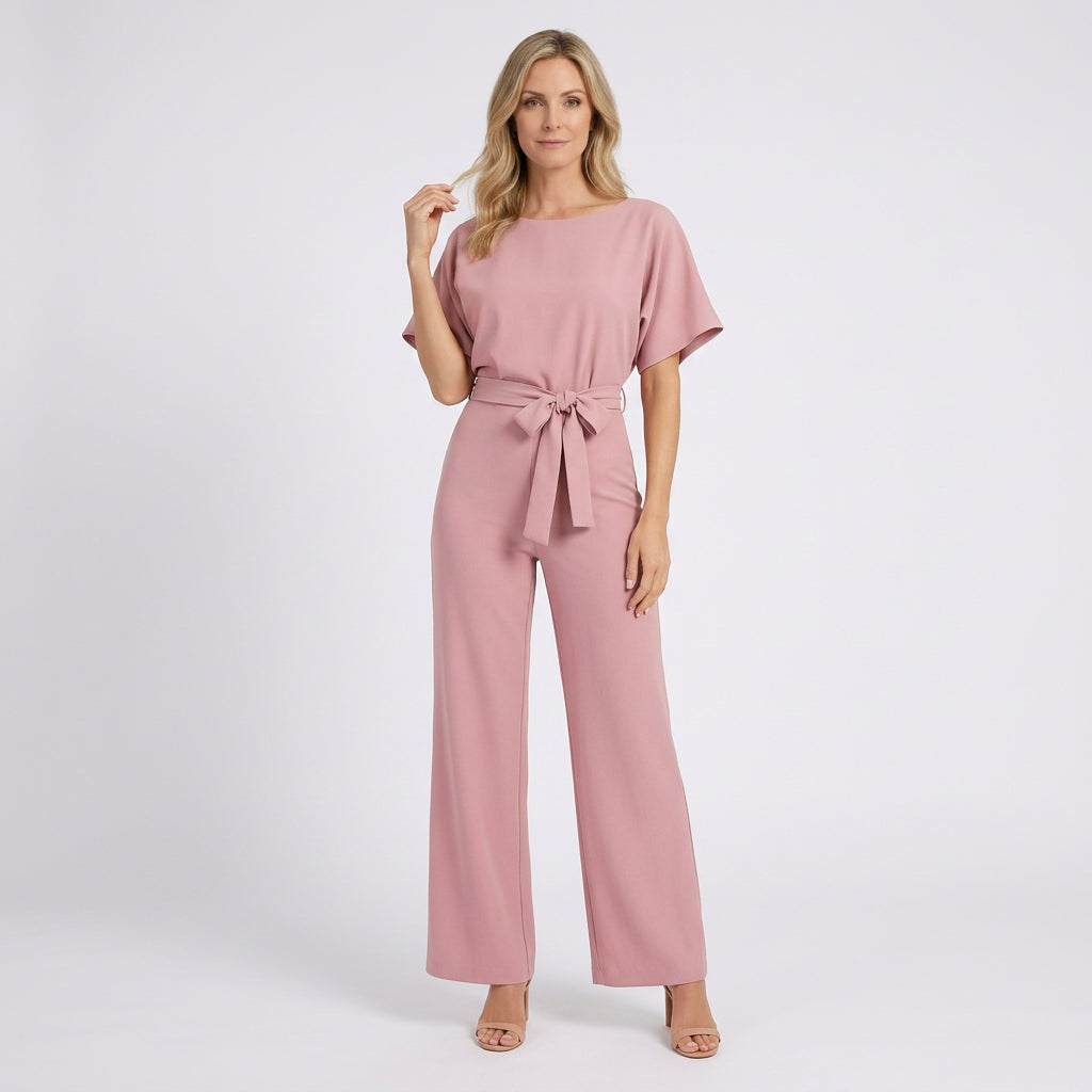 Women Wide Leg Jumpsuit Tie Waist Short Sleeve - Smart Casual One Piece