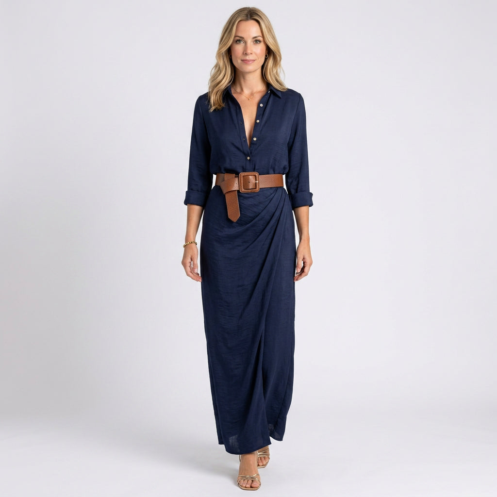 Women’s Ruched Maxi Shirt Dress with Waist Belt