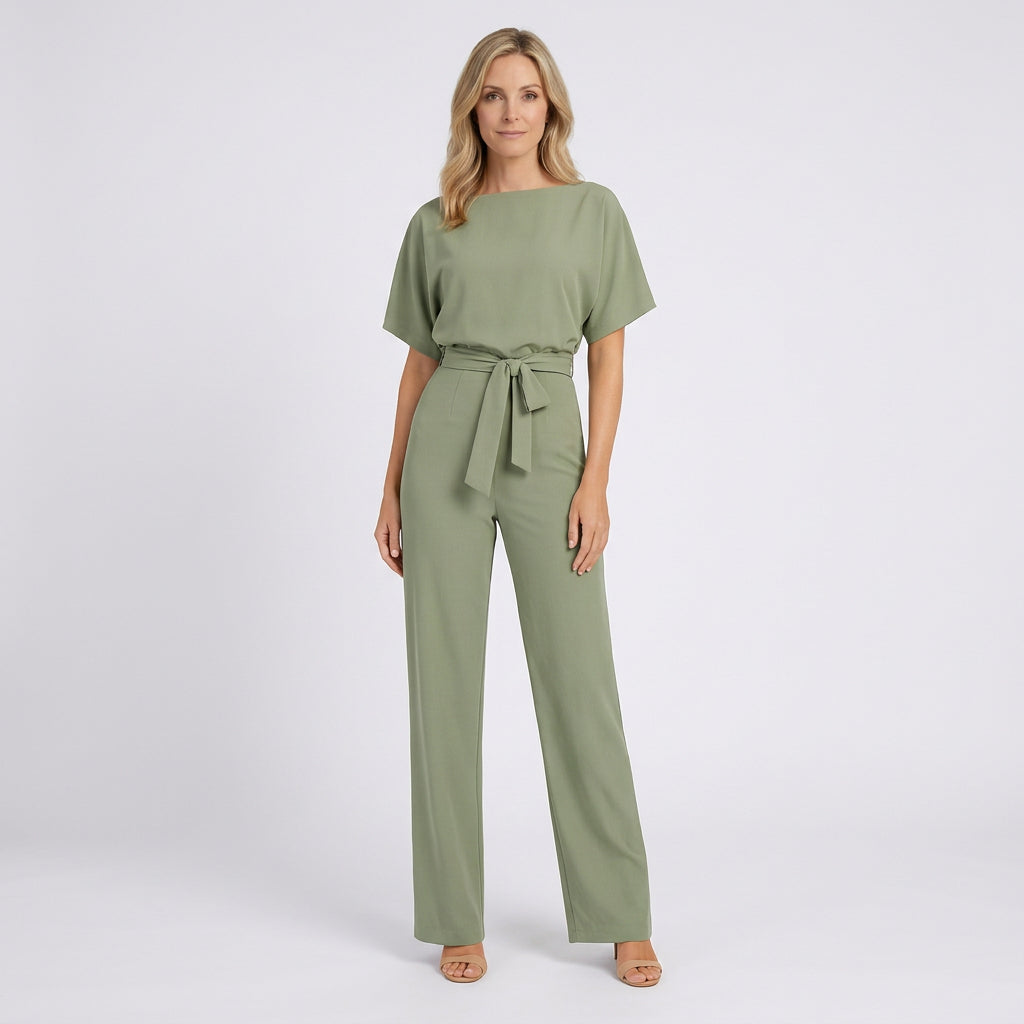 Women Wide Leg Jumpsuit Tie Waist Short Sleeve - Smart Casual One Piece