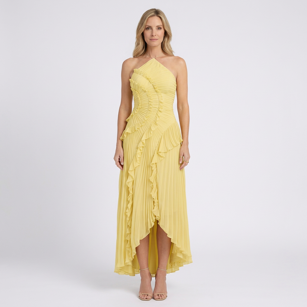 Women’s Pleated Halter Neck Maxi Dress – Ruffle High Low Evening Dress