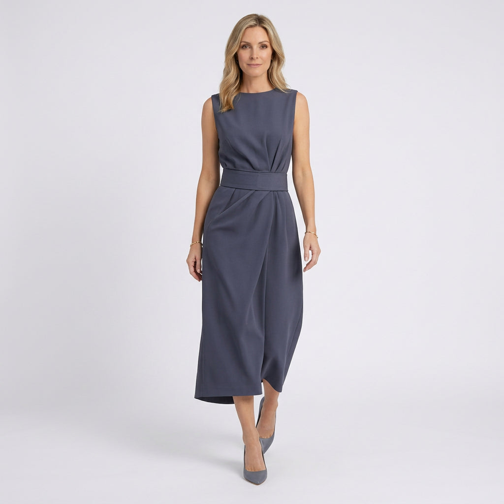 Women Midi Dress Sleeveless Draped Waist Occasion Workwear