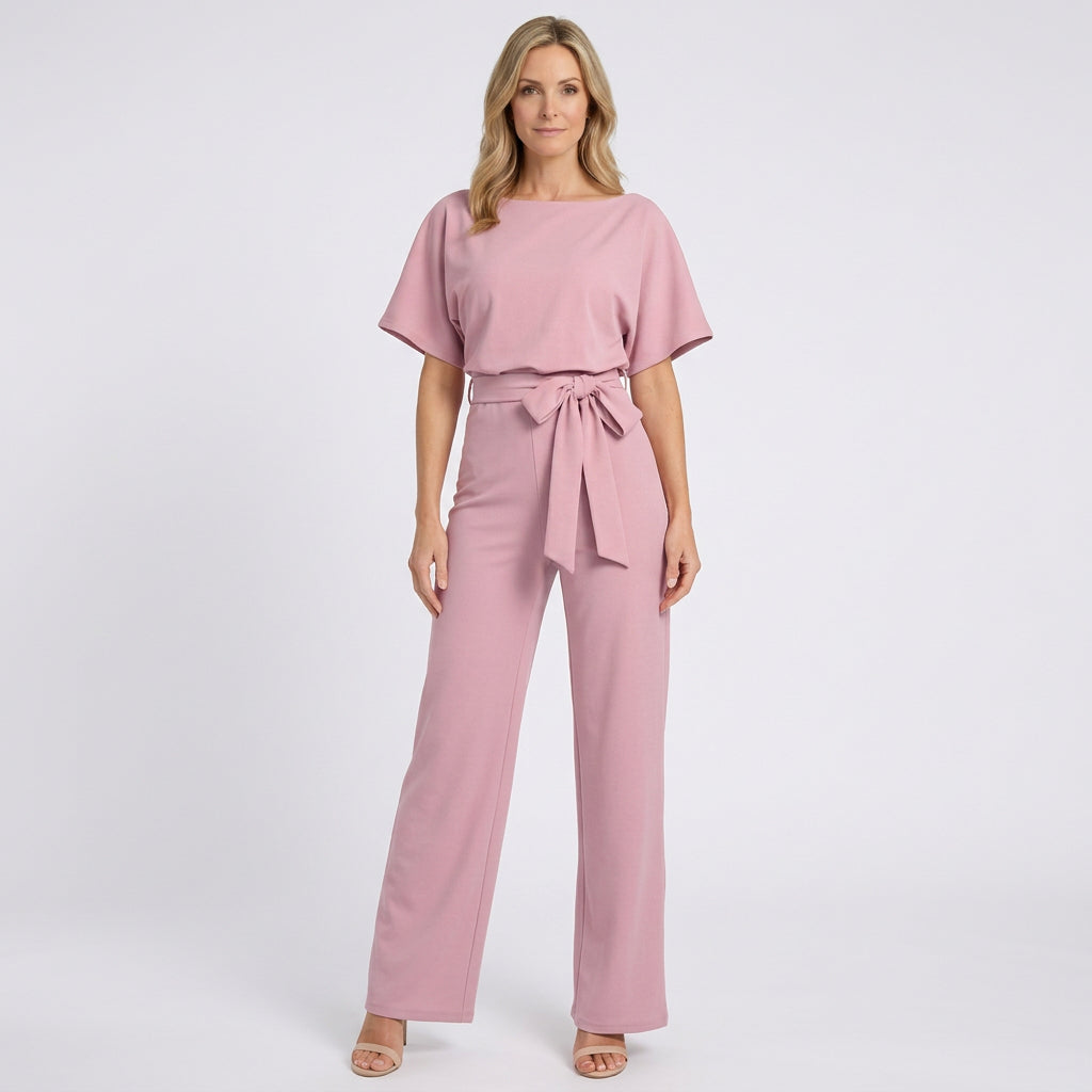 Women’s Tie Waist Wide Leg Jumpsuit – Short Sleeve Straight Neck