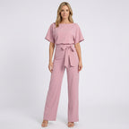 Women’s Tie Waist Wide Leg Jumpsuit – Short Sleeve Straight Neck