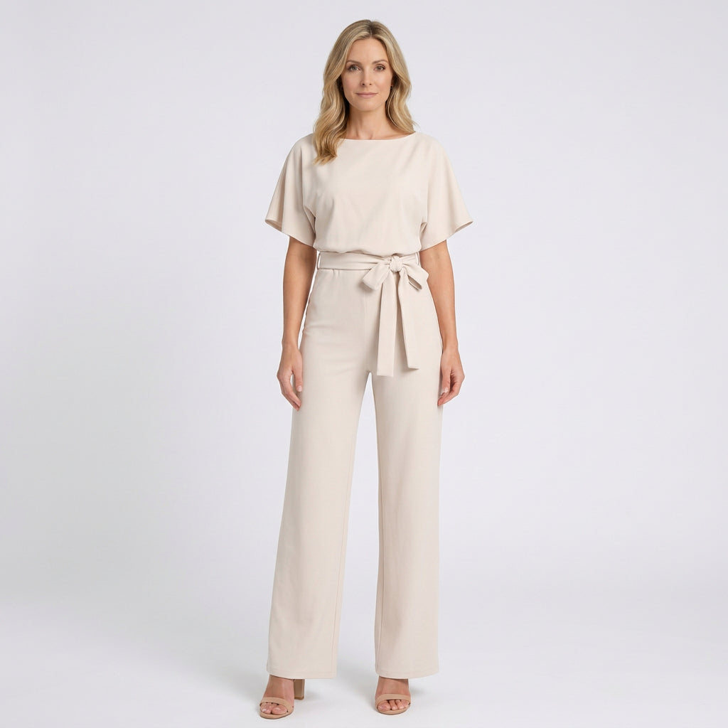 Women’s Tie Waist Wide Leg Jumpsuit – Short Sleeve Straight Neck
