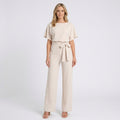 Women’s Tie Waist Wide Leg Jumpsuit – Short Sleeve Straight Neck