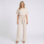Women’s Tie Waist Wide Leg Jumpsuit – Short Sleeve Straight Neck