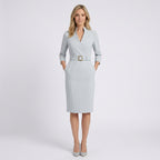 Women Belted Long Sleeve Midi Dress - Tailored Formal Office Dress