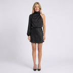 Women One Shoulder Satin Mini Dress - Asymmetric Occasion Dress