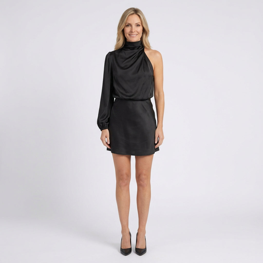 Women One Shoulder Satin Mini Dress - Asymmetric Occasion Dress